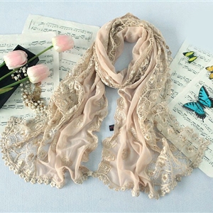 High end fashion embroidery flower lace silk long scarf shawl women wrap scarves - Beige