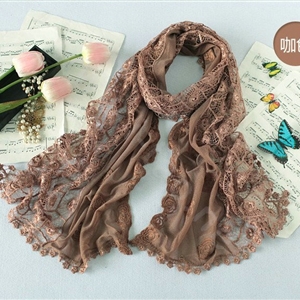 High end fashion embroidery flower lace silk long scarf shawl women wrap scarves - Coffee