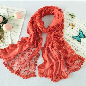 High end fashion embroidery flower lace silk long scarf shawl women wrap scarves - Orange