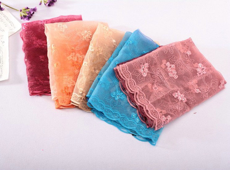 High end fashion embroidery flower lace silk scarf shawl women long gradient wrap scarves - Coffee