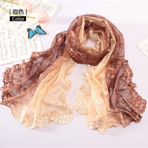 High end fashion embroidery flower lace silk scarf shawl women long gradient wrap scarves - Coffee