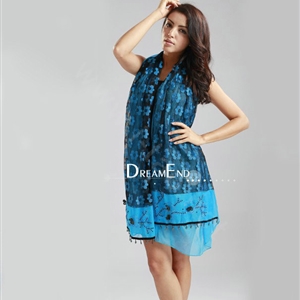 High-end fashion long flower scarf shawl women warm lace chiffon wrap scarves - Blue