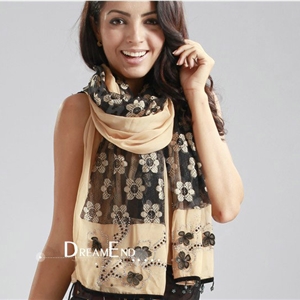 High-end fashion long flower scarf shawl women warm lace chiffon wrap scarves - Khaki