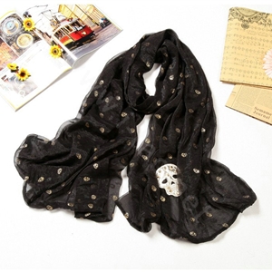 High end fashion long silk skull scarf shawl women warm wrap scarves - Black