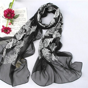 High-end fashion women 100% mulberry silk long embroidery scarf shawl wrap - Balck
