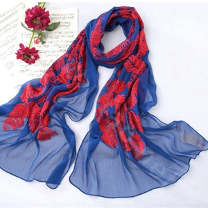 High-end fashion women 100% mulberry silk long embroidery scarf shawl wrap - Blue