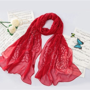 High-end fashion women long rose embroidery mulberry silk scarf shawl wrap - Red