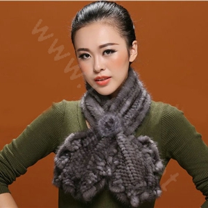 Knitted Mink fur scarf women winter warm female Flower wave neck wraps - Dark Grey