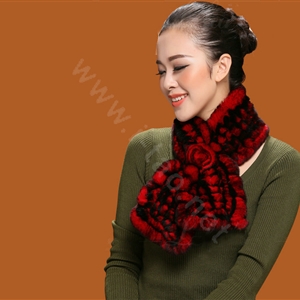Knitted Rex Rabbit fur scarf women winter warm female Flower wave neck wraps - Black Red
