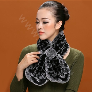 Knitted Rex Rabbit fur scarf women winter warm female Flower wave neck wraps - Grey Black