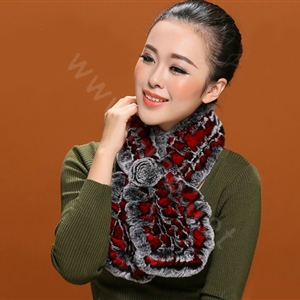 Knitted Rex Rabbit fur scarf women winter warm female Flower wave neck wraps - Grey Red