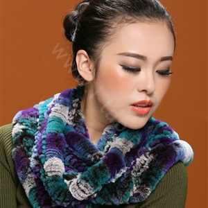 Knitted Rex rabbit fur scarf women winter warm female Circle neck wrap - Blue