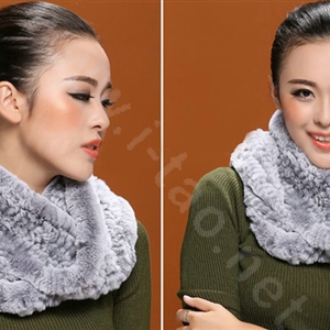 Knitted Rex rabbit fur scarf women winter warm female Circle neck wrap - Grey