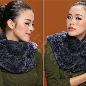 Knitted Rex rabbit fur scarf women winter warm female Circle neck wrap - Navy
