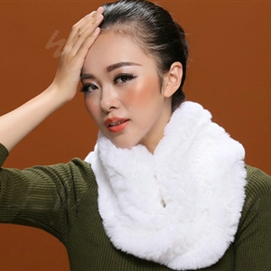 Knitted Rex rabbit fur scarf women winter warm female Circle neck wrap - White