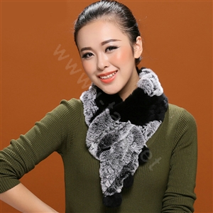 Knitted Rex rabbit fur scarf women winter warm scarves female neck wrap - Black Grey
