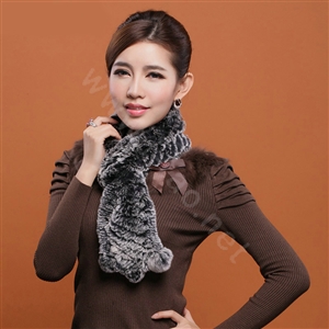 Knitted Rex rabbit fur scarf women winter warm scarves female neck wrap - Black
