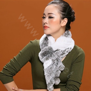Knitted Rex rabbit fur scarf women winter warm scarves female neck wrap - Grey White