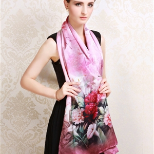 Luxury autumn and winter female 100% mulberry silk flower print scarf shawl wrap - Pink