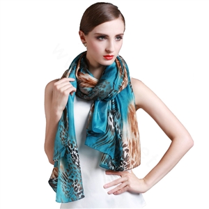 Luxury autumn and winter female 100% mulberry silk leopard print scarf shawl wrap - Blue