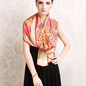 Luxury autumn and winter female long 100% mulberry silk print scarf shawl wrap - Beige