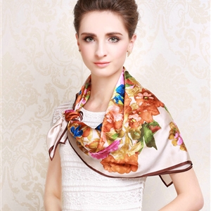 Luxury women autumn and winter 100% mulberry silk square floral print scarf shawl - Apricot