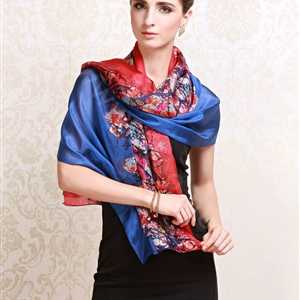 Luxury women autumn and winter long 100% mulberry silk floral print scarf shawl wrap - Blue