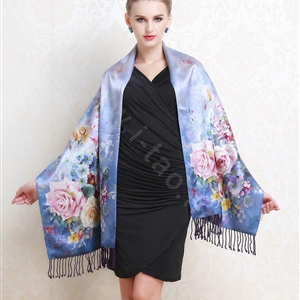 Luxury women autumn and winter warm long 100% mulberry silk flower print scarf shawl wrap - Blue