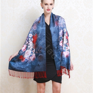 Luxury women autumn and winter warm long 100% mulberry silk flower print scarf shawl wrap - Dark blue