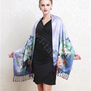 Luxury women autumn and winter warm long 100% mulberry silk flower print scarf shawl wrap - Sky blue