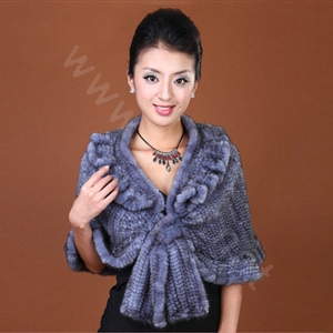 Winter Women's Genuine Knitting Mink Fur Shawls Warm Wraps Female Slim Poncho - Grey