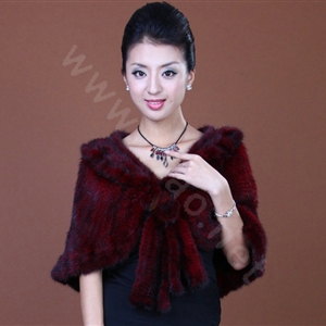 Winter Women's Genuine Knitting Mink Fur Shawls Warm Wraps Female Slim Poncho - Red