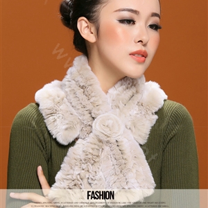 Winter women warm knitted Flower Rex rabbit fur scarf female neck wraps - Beige