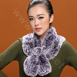 Winter women warm knitted Flower Rex rabbit fur scarf female neck wraps - Purple