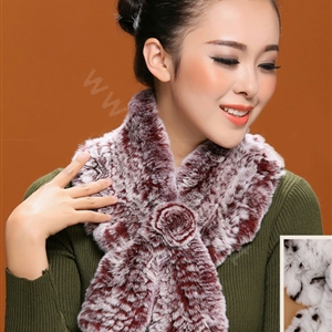 Winter women warm knitted Flower Rex rabbit fur scarf female neck wraps - Red