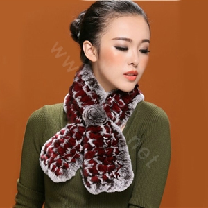 Winter women warm knitted Rex rabbit fur scarf female Flower neck wraps - Coffee Red