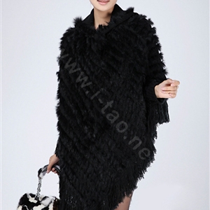 Woman Fashion Genuine Knitted Rabbit Fur Poncho Winter Warm Wraps Hooded Shawls - Black