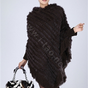 Woman Fashion Genuine Knitted Rabbit Fur Poncho Winter Warm Wraps Hooded Shawls - Coffee
