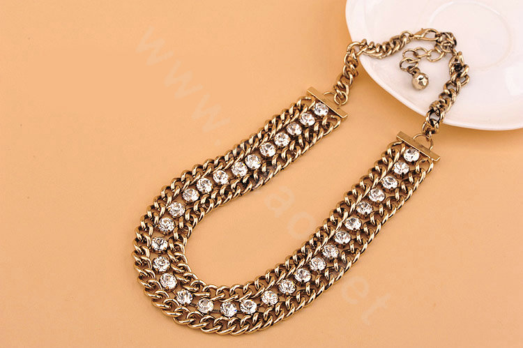 High-end fashion women choker exaggeration luxury crystal chain bib necklace - Gold