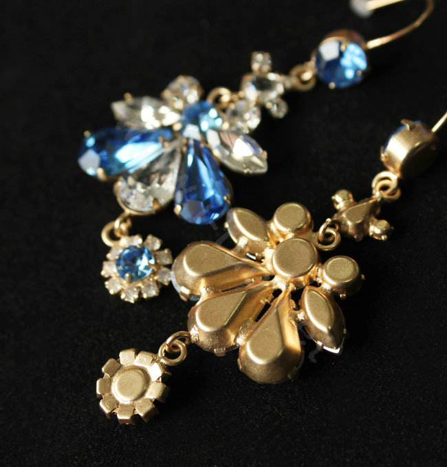 Luxury fashion women crystal diamond flower earrings 18k gold plated - Blue
