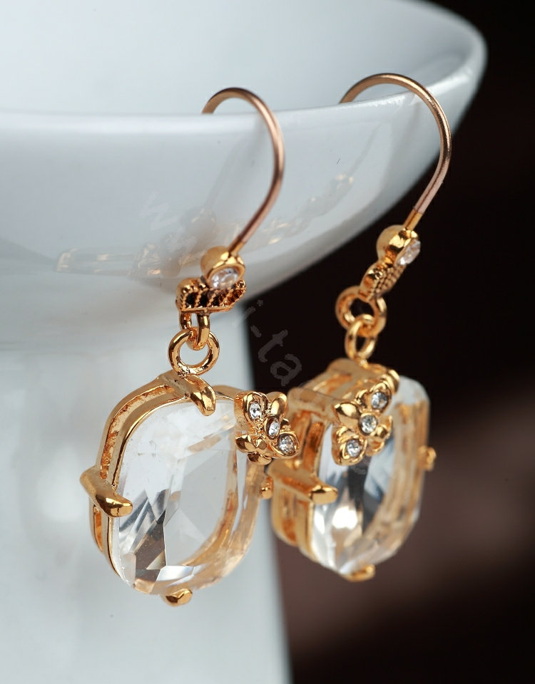 Luxury fashion women crystal diamond flower earrings 18k gold plated - White