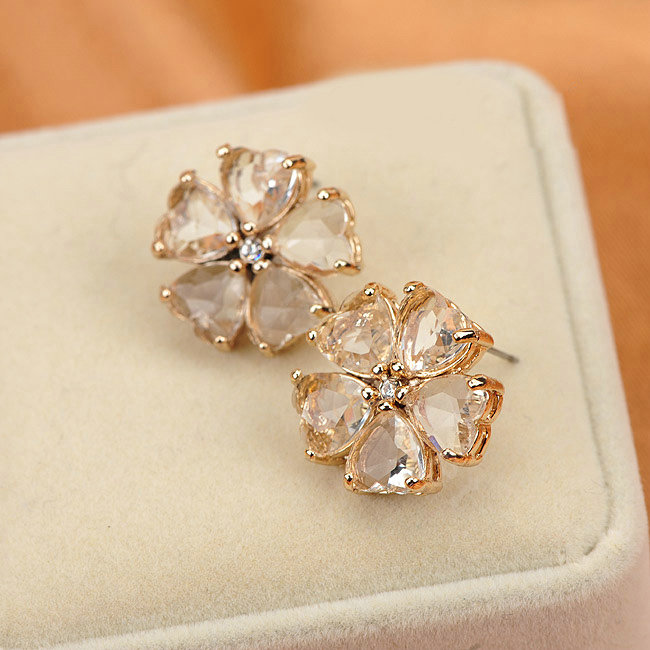 Luxury fashion women diamond crystal flower earrings 18k gold plated - White