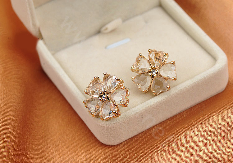 Luxury fashion women diamond crystal flower earrings 18k gold plated - White