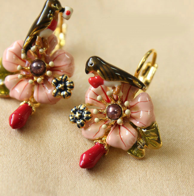 Luxury fashion women flower Bird crystal diamond earrings 18k gold plated - Pink