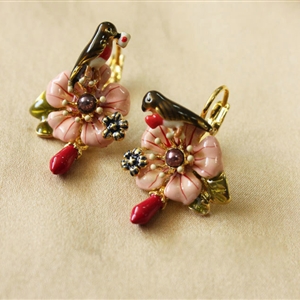 Luxury fashion women flower Bird crystal diamond earrings 18k gold plated - Pink