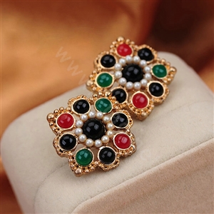 Luxury fashion women flower color gems pearls earrings 18k gold - Multicolor