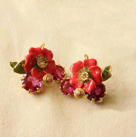 Luxury fashion women flower crystal diamond earrings 18k gold plated - Red