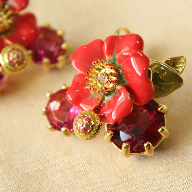 Luxury fashion women flower crystal diamond earrings 18k gold plated - Red