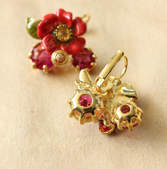 Luxury fashion women flower crystal diamond earrings 18k gold plated - Red