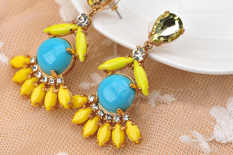 Luxury fashion women flower crystal diamond gems earrings - Yellow Blue
